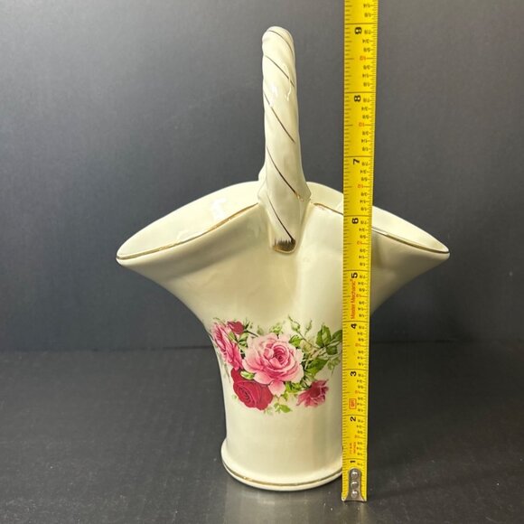 Vintage Formalities Porcelain Handle Basket Vase Roses w/Gold Trim By Baum Bros - Picture 6 of 7